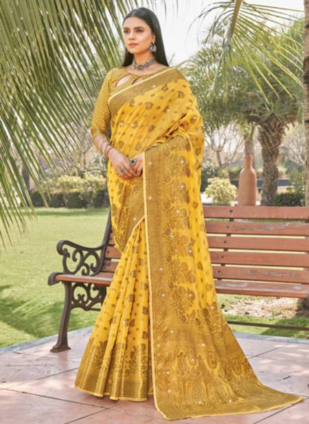 Yellow Colour SANGAM RAJORI New Designer Ethnic Wear Cotton Swarovski Work Latest Saree Collection 2201